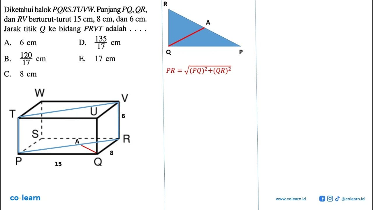 Diketahui balok PQRS.TUVW. Panjang PQ, QR dan RV