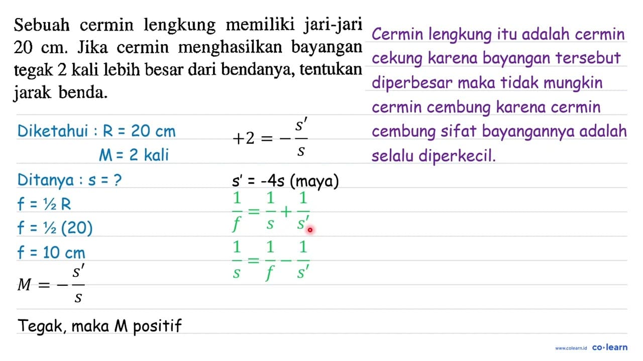 Sebuah cermin lengkung memiliki jari-jari 20 cm . Jika