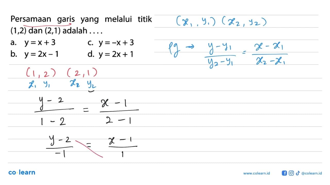 Persamaan garis yang melalui titik (1,2) dan (2,1) adalah