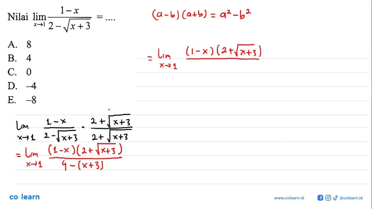 Nilai lim x-1 (1-x)/(2-akar(x+3))