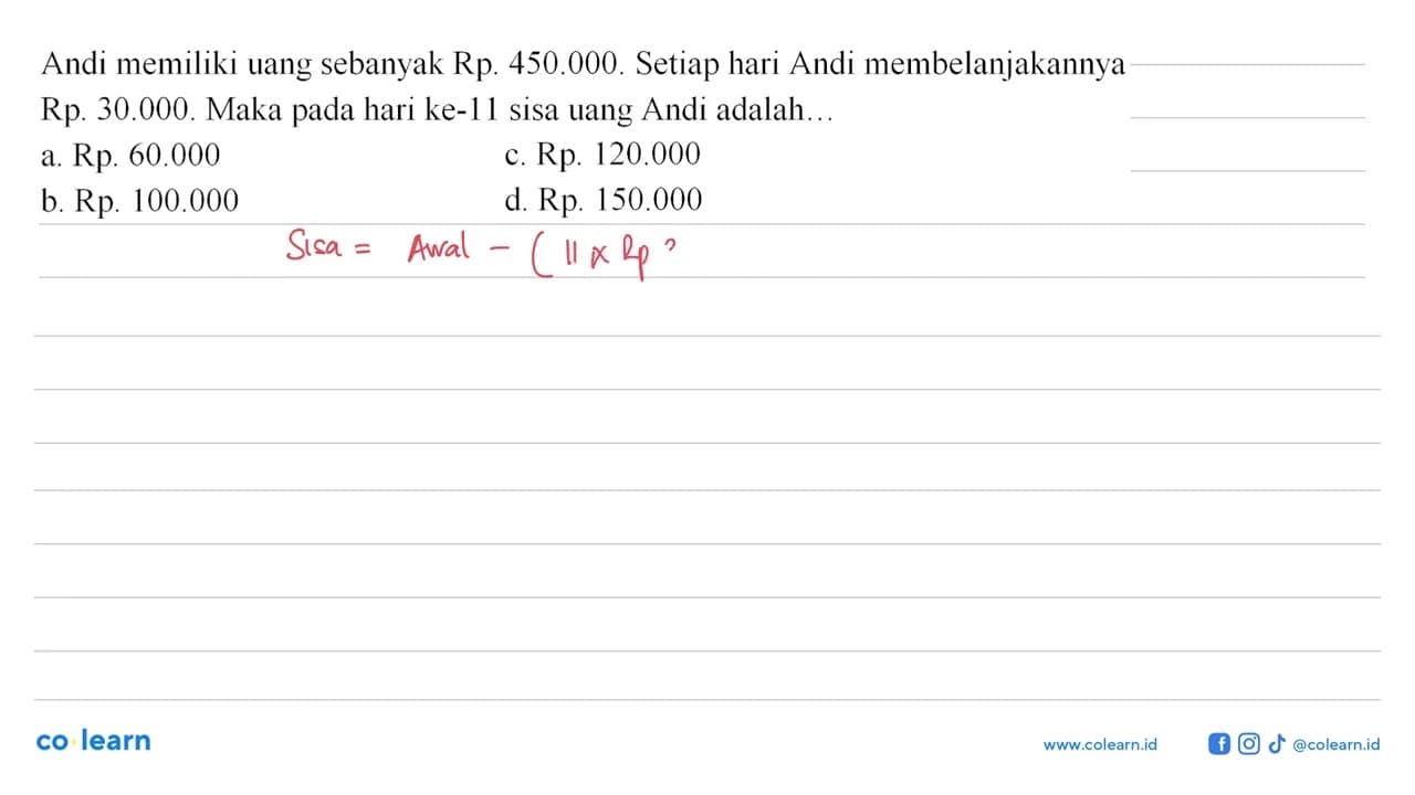 Andi memiliki uang sebanyak Rp 450.000. Setiap hari Andi