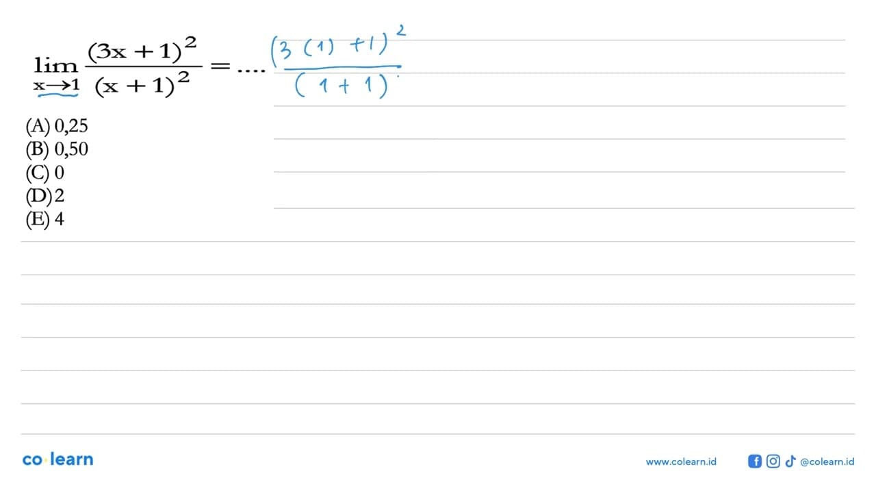 limit x->1 (3x+1)^2/(x+1)^2=....