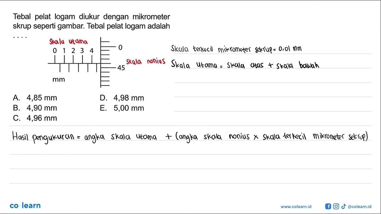 Tebal pelat logam diukur dengan mikrometer skrup seperti