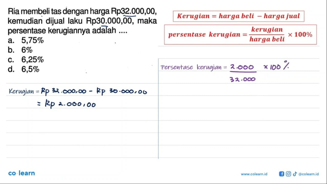 Ria membeli tas dengan harga Rp 32.000,00, kemudian dijual