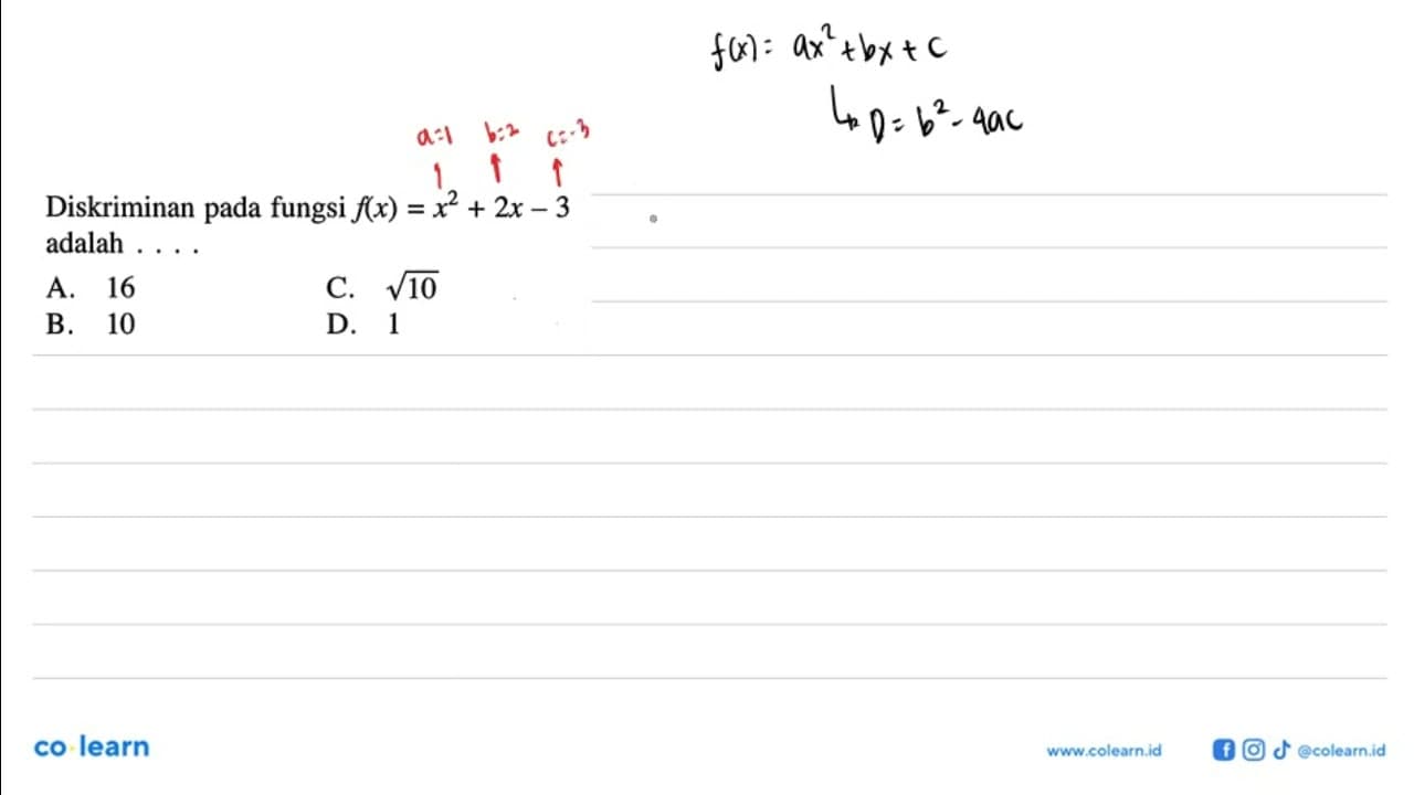 Diskriminan pada fungsi f(x) = x^2 + 2x - 3 adalah .... A.