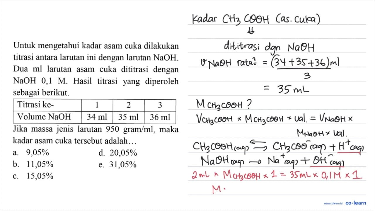 Untuk mengetahui kadar asam cuka dilakukan titrasi antara