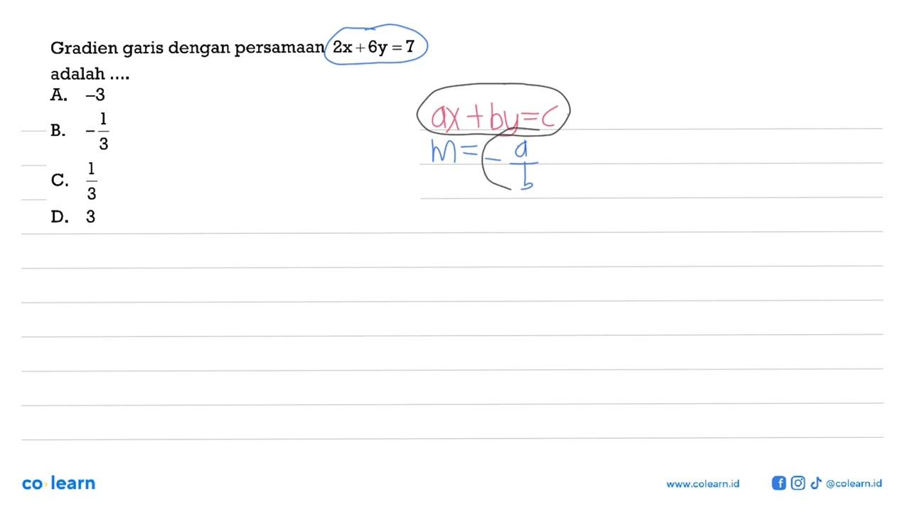 Gradien garis dengan persamaan 2x + 6y = 7 adalah .. A. -3