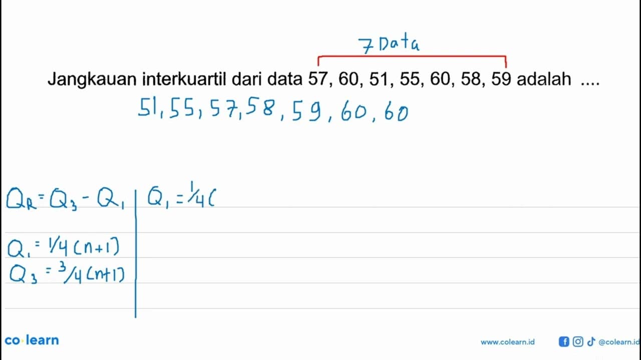 Jangkauan interkuartil dari data 57,60,51,55,60,58,59