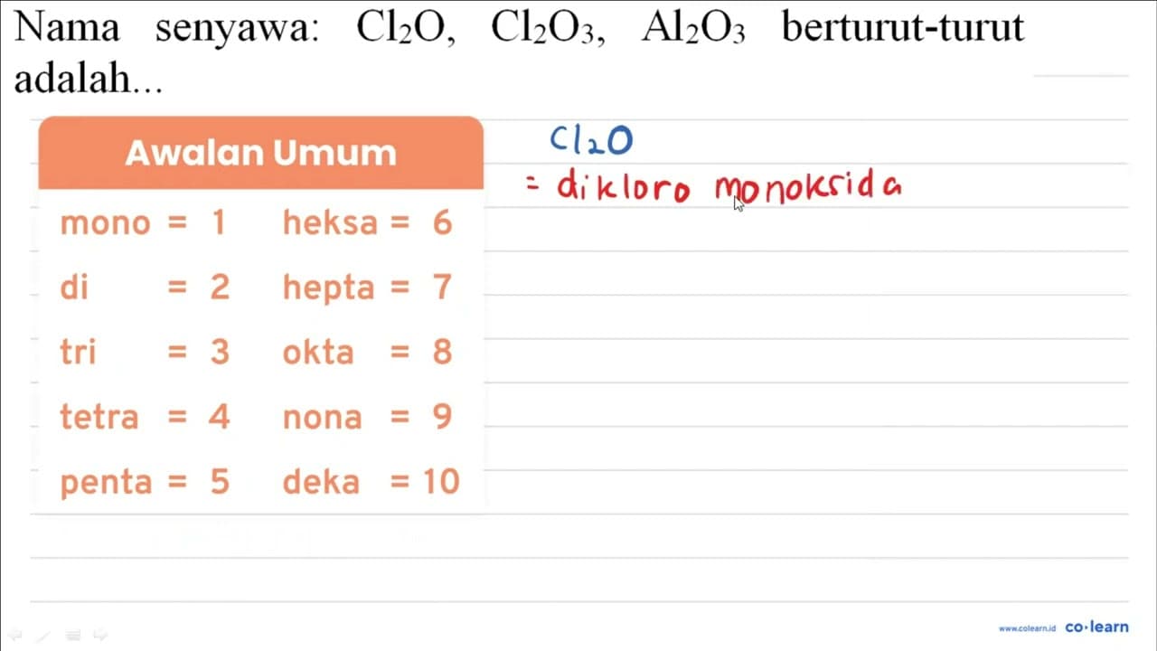 Nama senyawa: Cl_(2) O, Cl_(2) O_(3), Al_(2) O_(3)