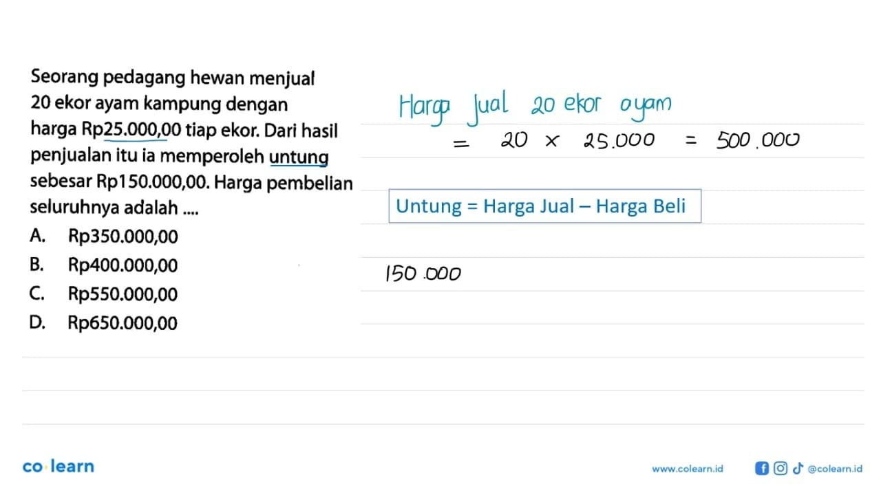 Seorang pedagang hewan menjual 20 ekor ayam kampung dengan