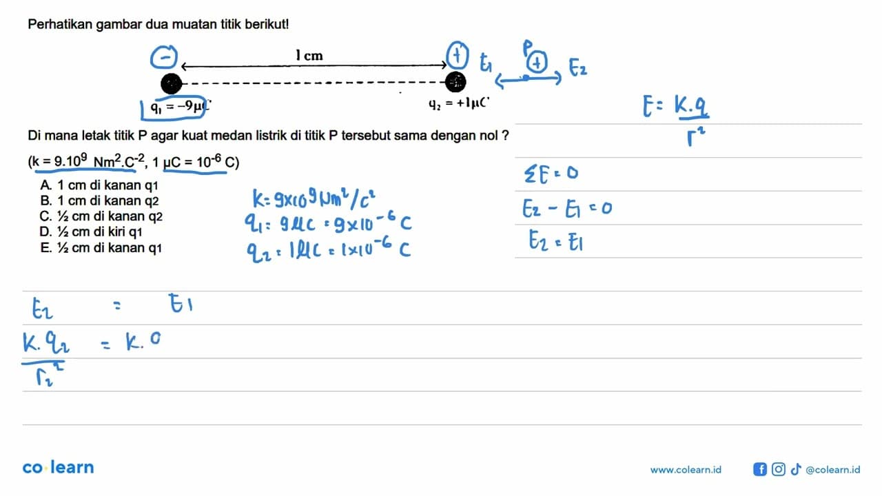 Perhatikan gambar dua muatan titik berikut! 1 cm q1 = -9muC