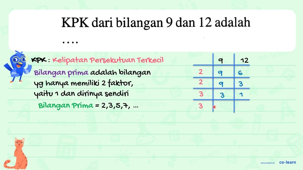 KPK dari bilangan 9 dan 12 adalah