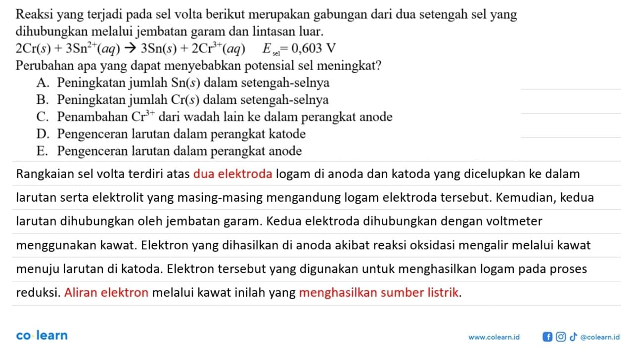 Reaksi yang terjadi pada sel volta berikut merupakan