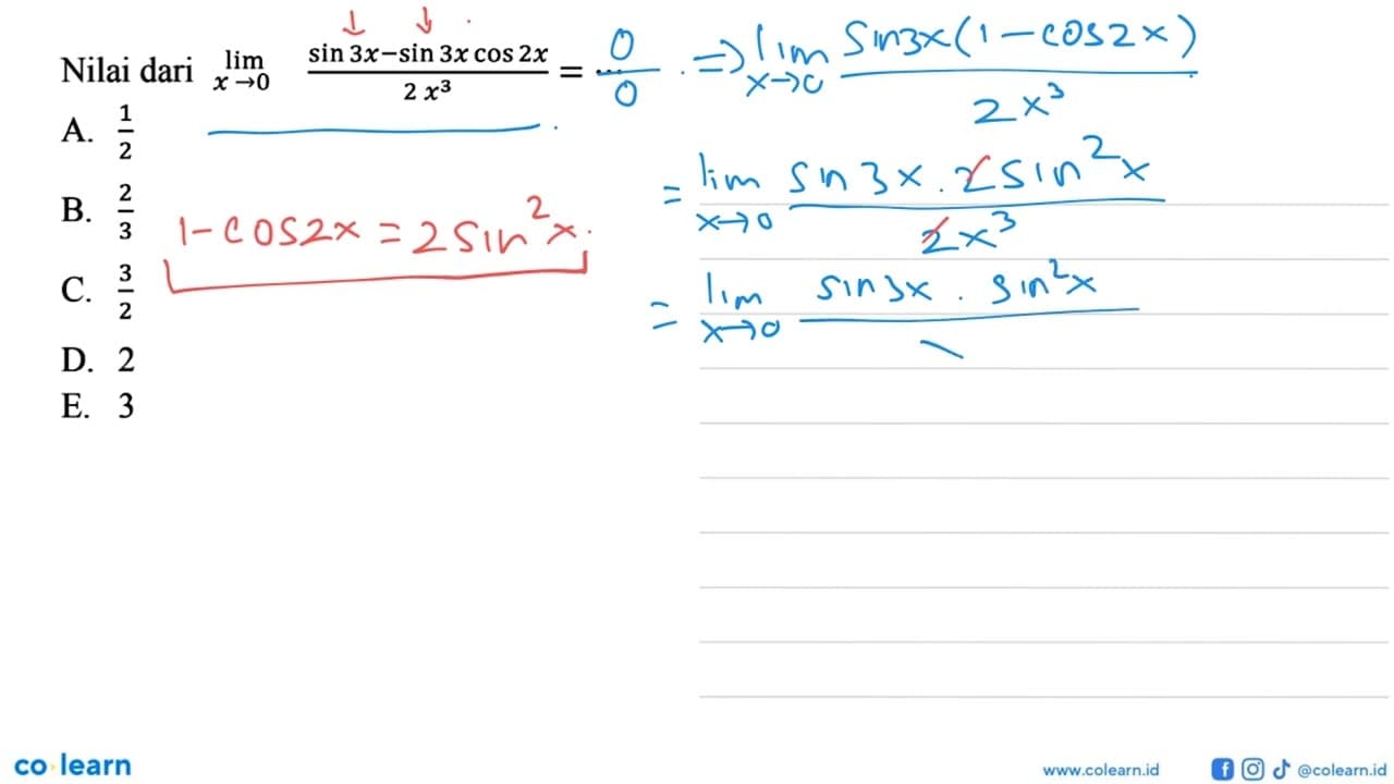 Nilai dari limit x mendekati 0 (sin 3x - sin3x