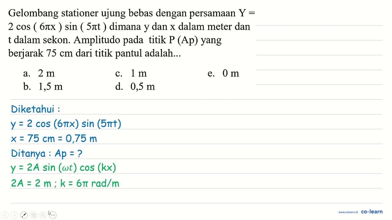 Gelombang stationer ujung bebas dengan persamaan Y= 2 cos