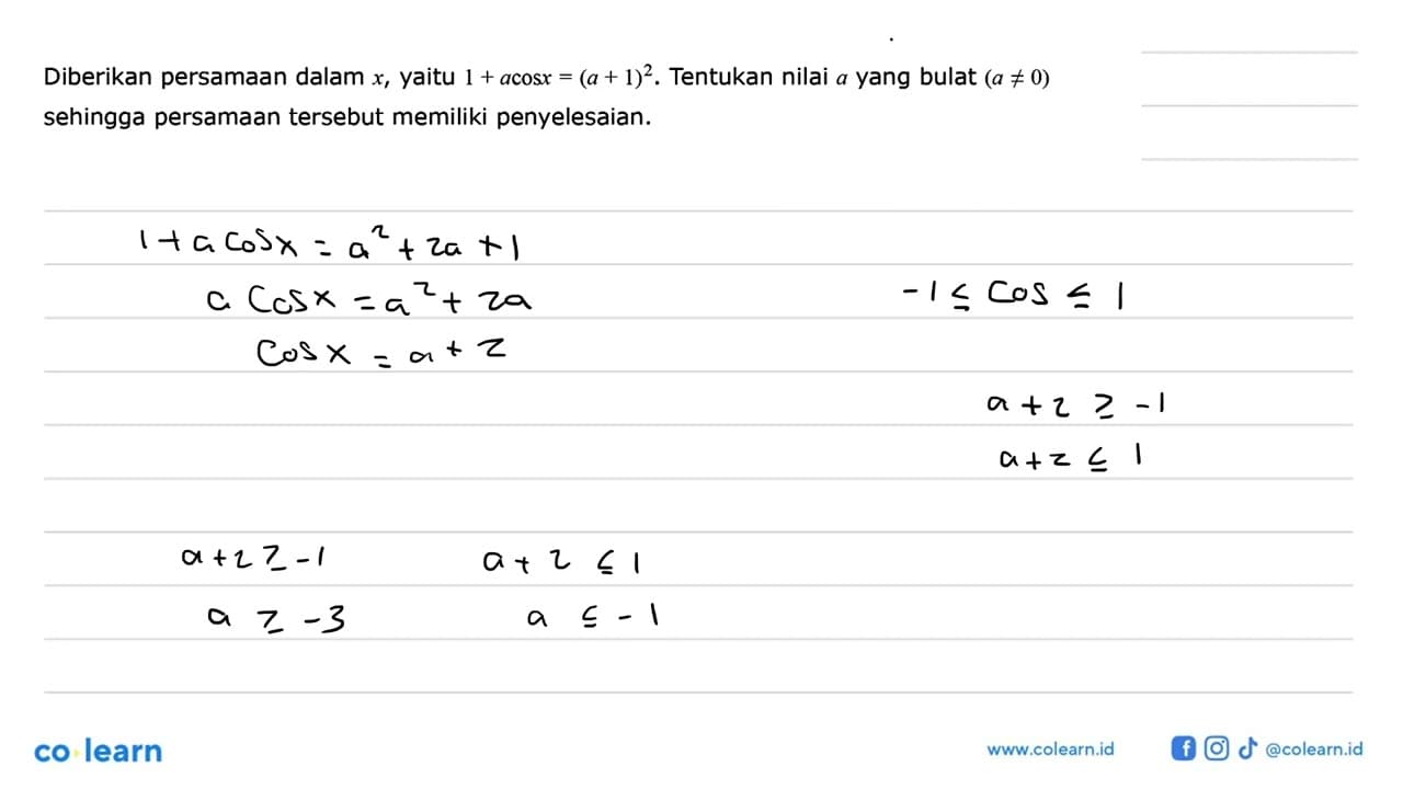 Diberikan persamaan dalam x, yaitu 1 + a cos x (a+1)^2.