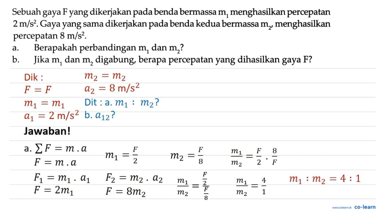 Sebuah gaya F yang dikerjakan pada benda bermassa m1