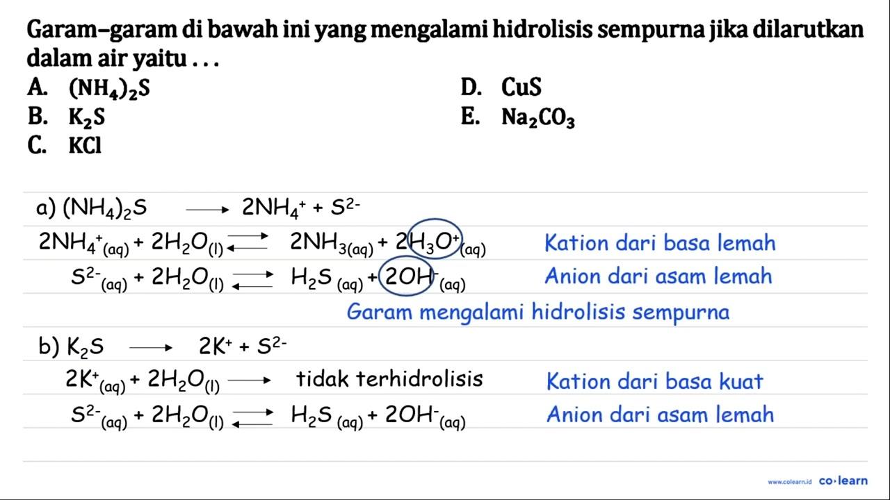 Garam-garam di bawah ini yang mengalami hidrolisis sempurna