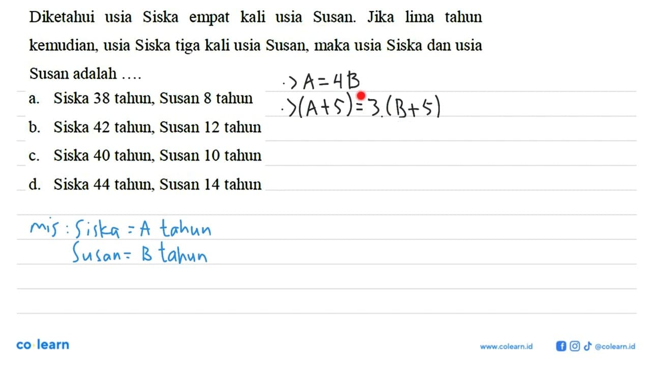 Diketahui usia Siska empat kali usia Susan. Jika lima tahun