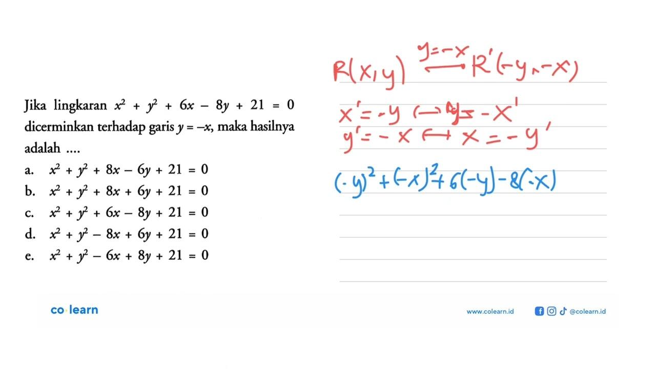 Jika lingkaran x^2+y^2+6x-8y+21=0 terhadap hasilnya