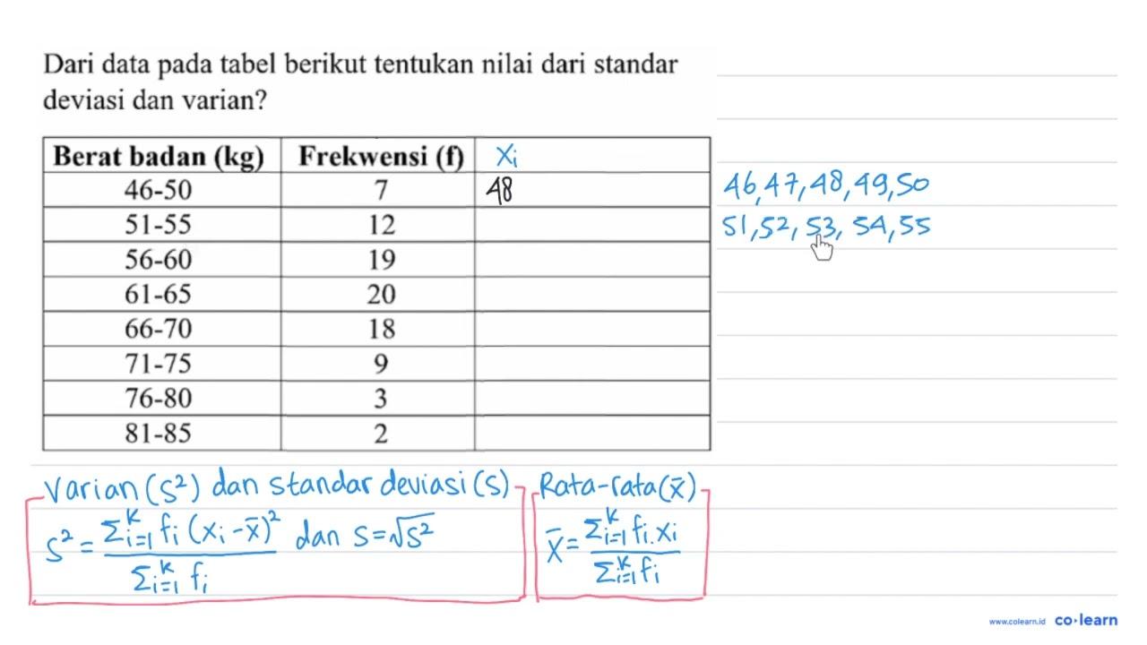 Dari data pada tabel berikut, tentukan nilai dari standar