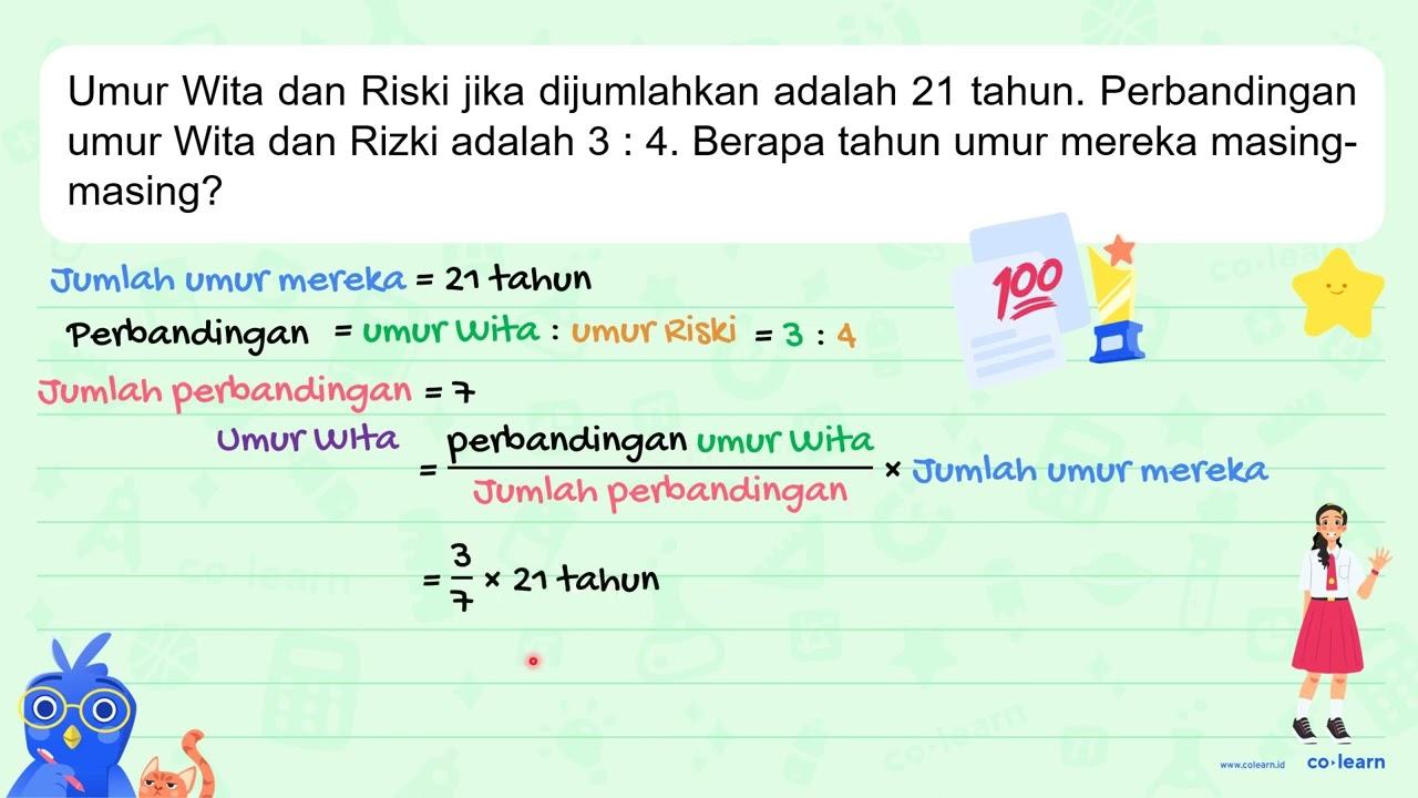 Umur Wita dan Riski jika dijumlahkan adalah 21 tahun.