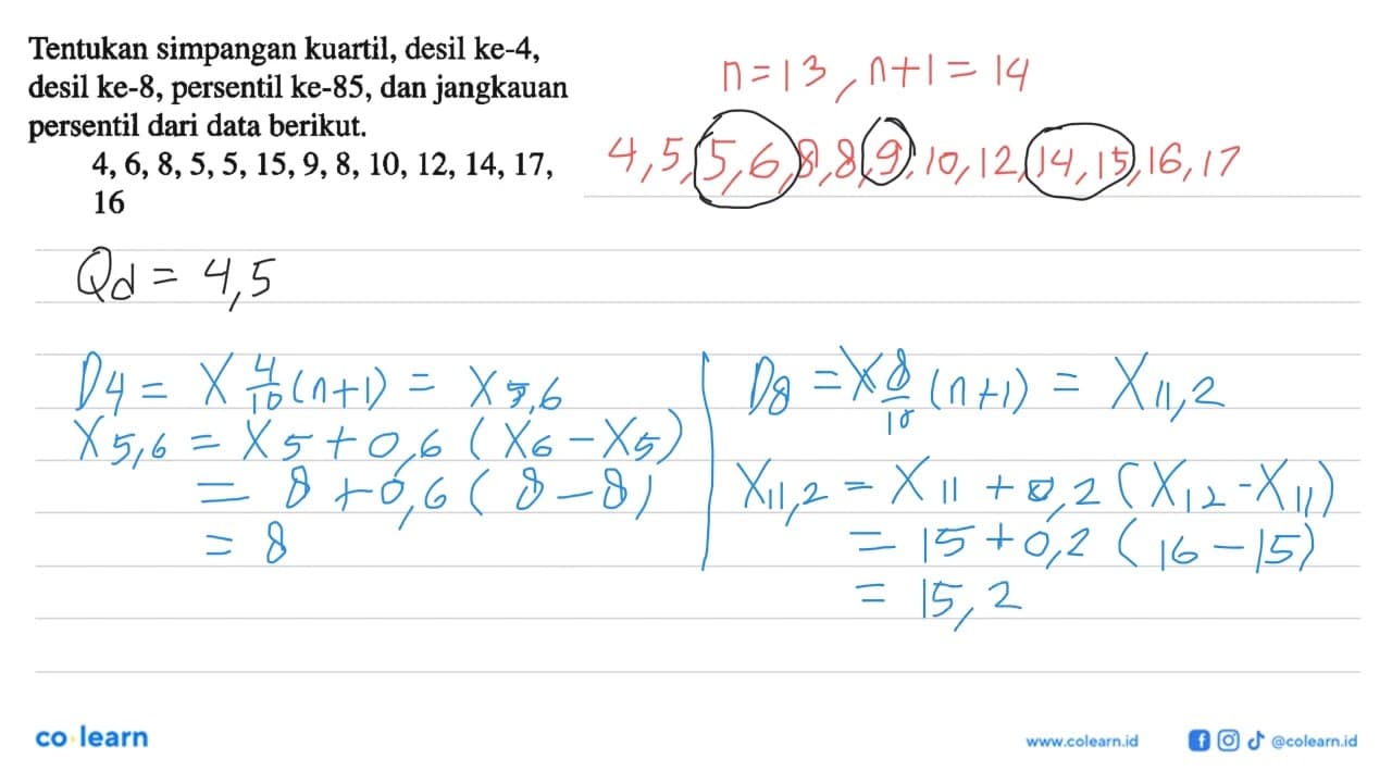 Tentukan simpangan kuartil, desil ke-4, desil ke-8,