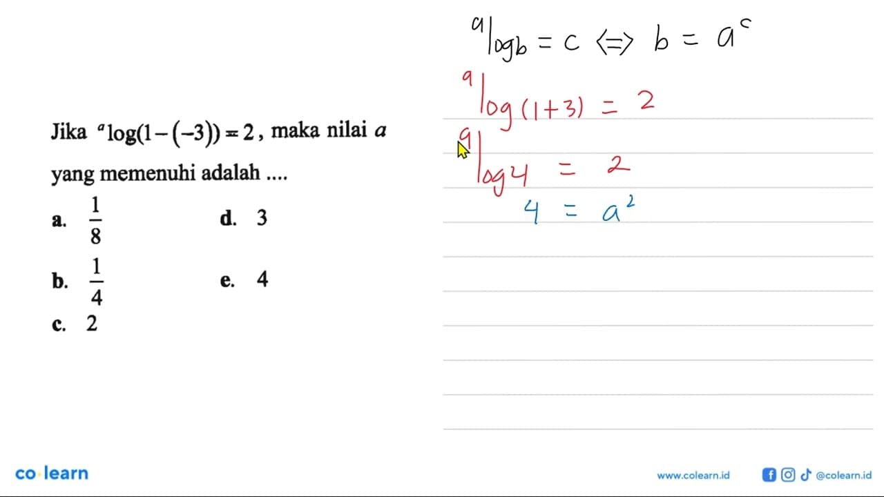 Jika alog(1-(-3))=2, maka nilai a yang memenuhi adalah ....