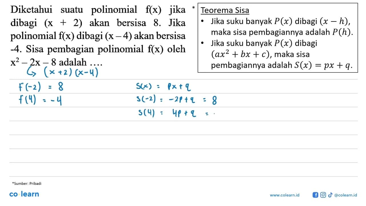 Diketahui suatu polinomial f(x) jika dibagi (x + 2) akan