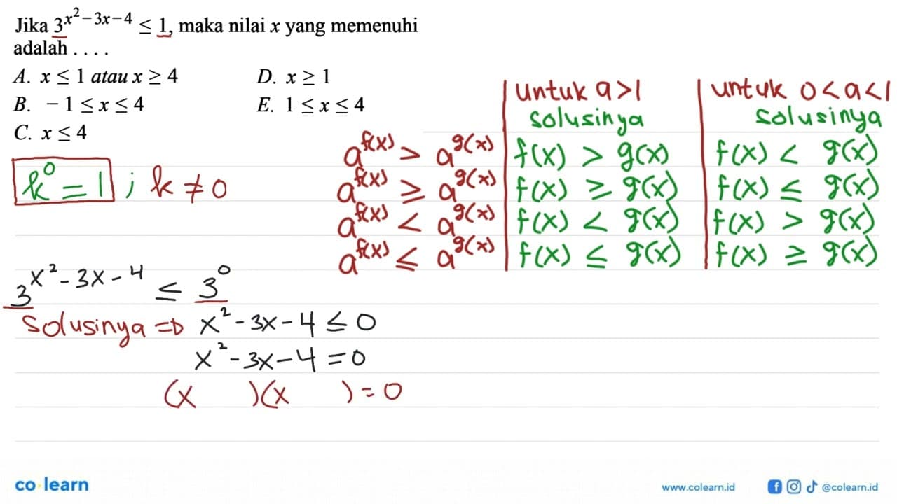 Jika 3^(x^2 - 3x - 4) <= 1, maka nilai x yang memenuhi