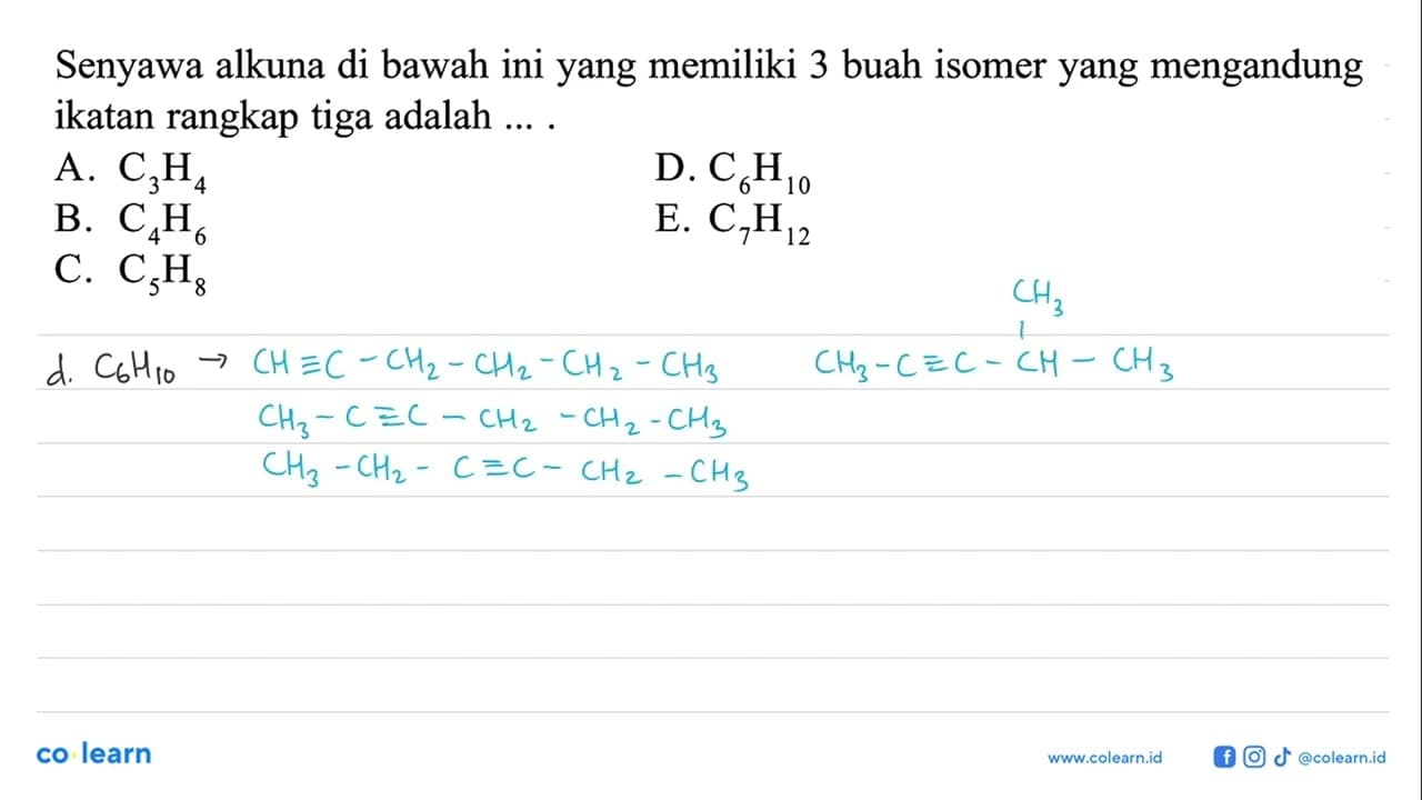 Senyawa alkuna di bawah ini yang memiliki 3 buah isomer