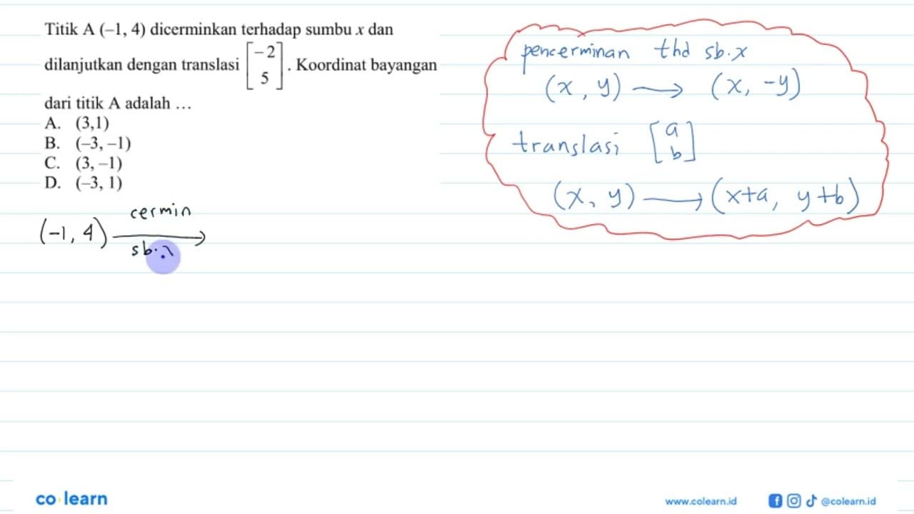 Titik A(-1,4) dicerminkan terhadap sumbu x dan dilanjutkan