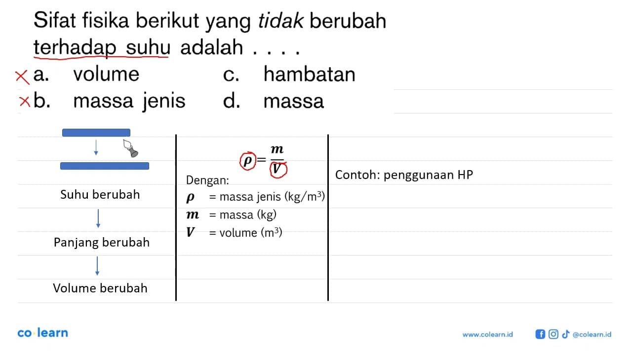 Sifat fisika berikut yang tidak berubah terhadap suhu