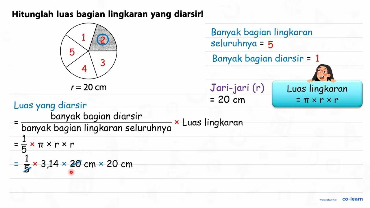 Hitunglah luas bagian lingkaran yang diarsir! r=20 cm