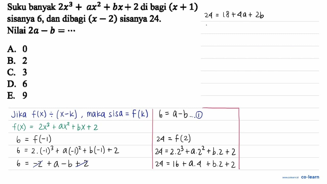 Suku banyak 2x^3+ax^2+bc+2 di bagi (x+1) sisanya 6, dan