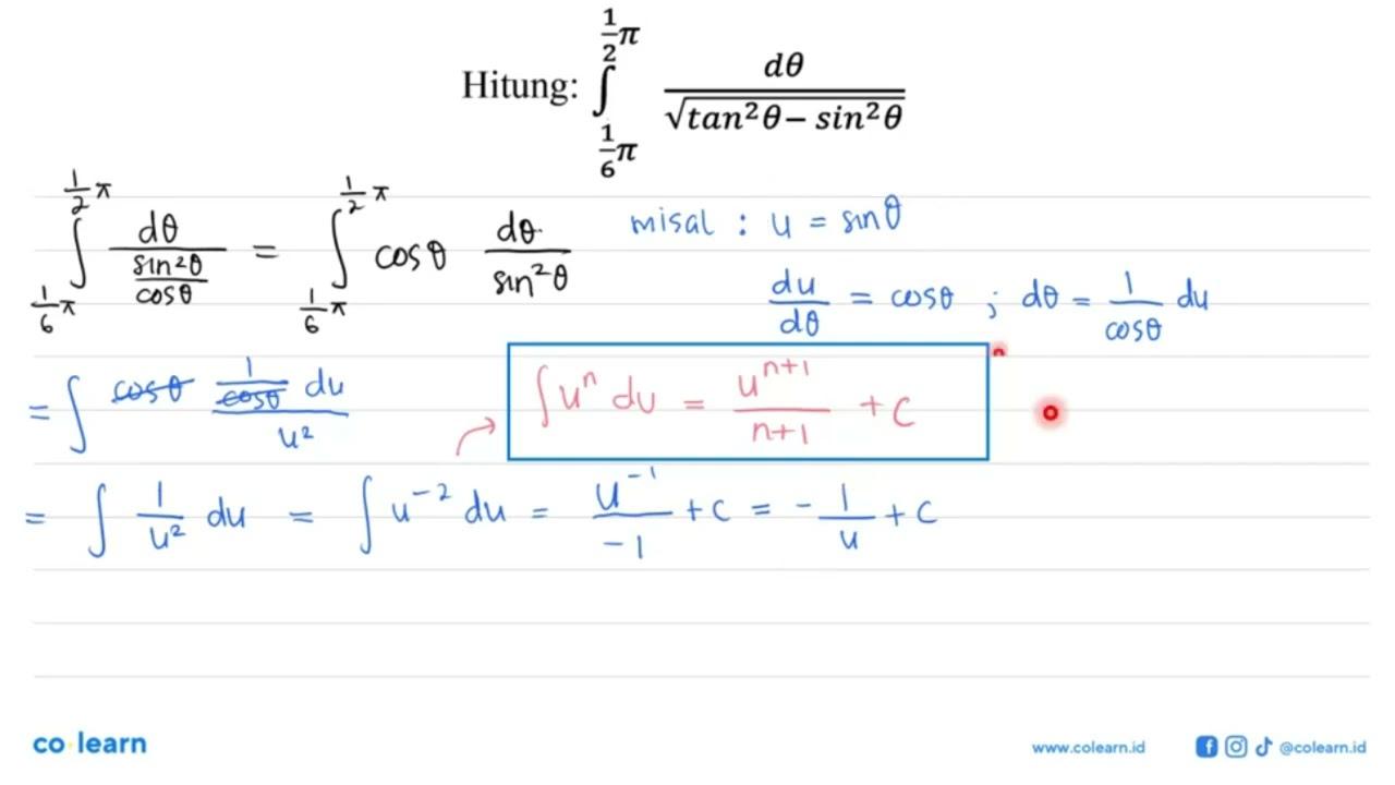 Hitung: integral (1/6 pi) (1/2 pi) (d