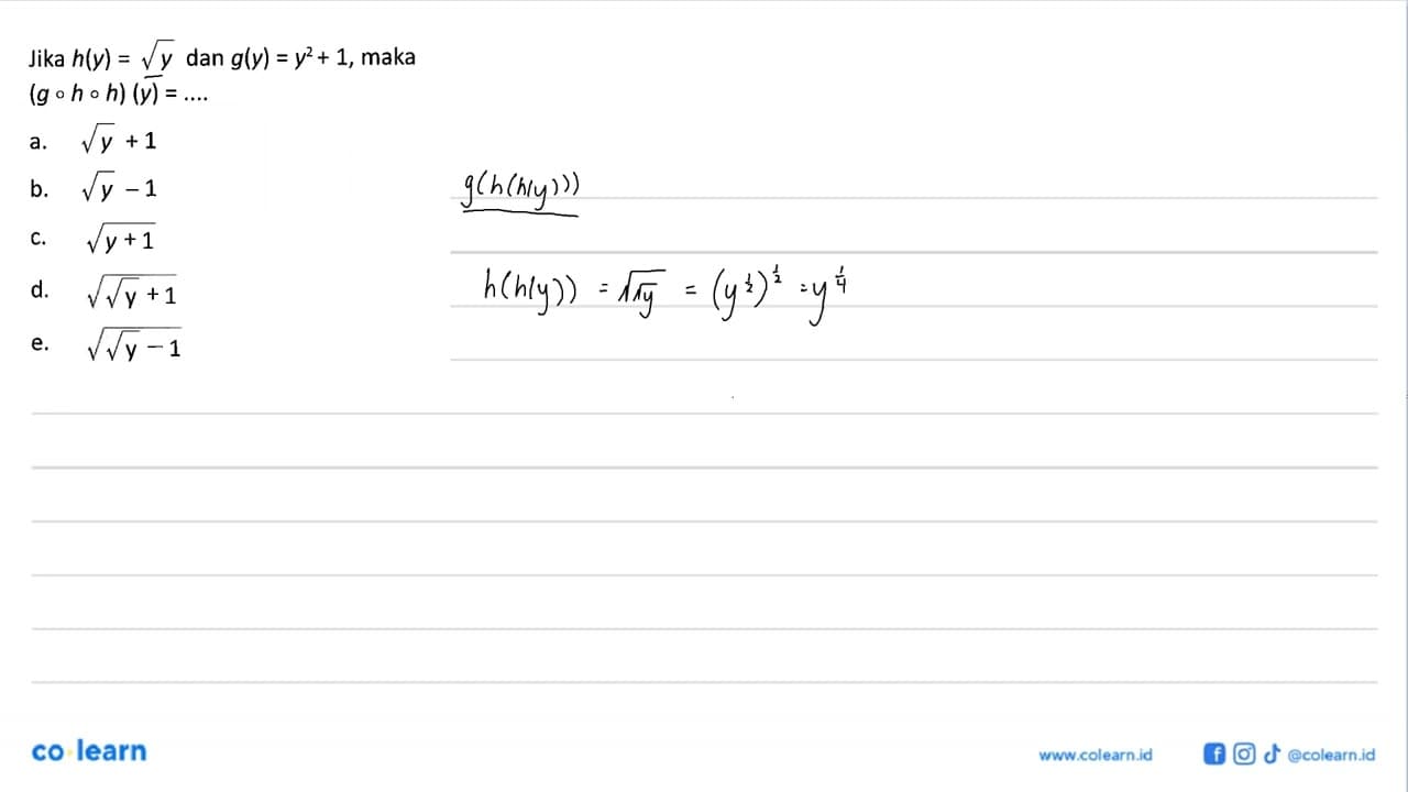 Jika h(y)=akar(y) dan g(y)=y^2+1, maka (gohoh)(y)= ....