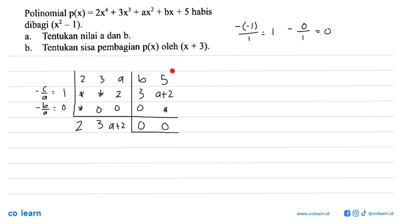 Polinomial p(x)=2x^4+3x^3+ax^2+bx+5 habis dibagi (x^2-1).