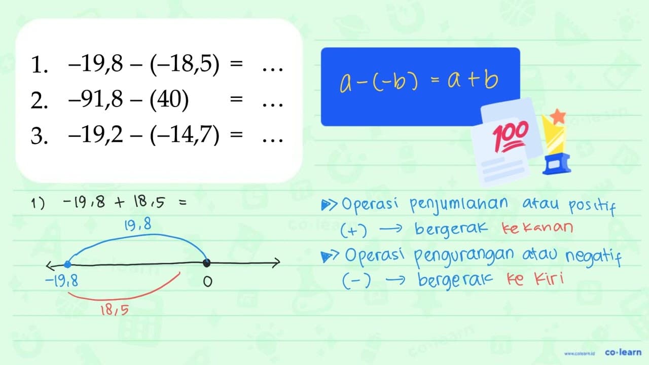 1. -19,8 - (-18,5) = ... 2. -91,8 - (40) = ... 2. -19,2 -