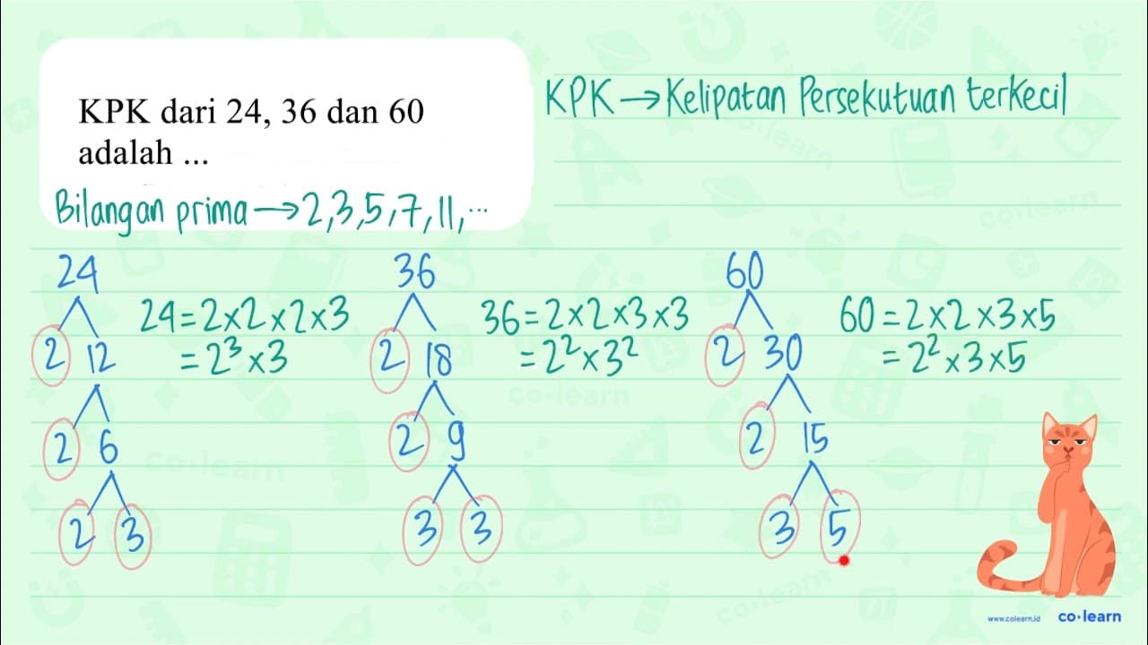 KPK dari 24, 36 dan 60 adalah ...