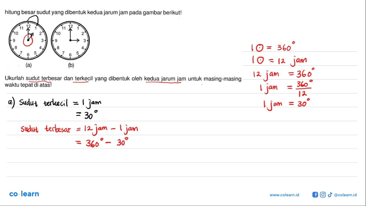 hitung besar sudut yang dibentuk kedua jarum jam pada