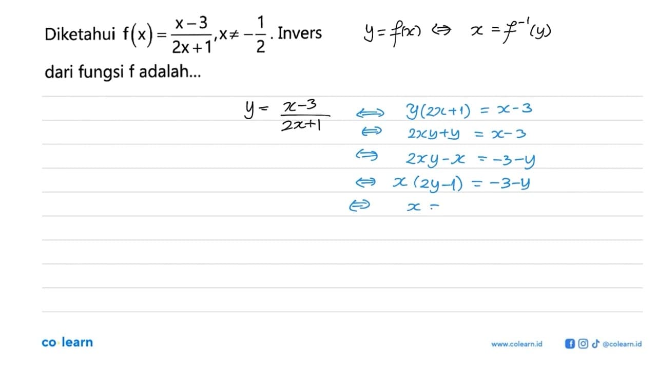 Diketahui f(x)=(x-3)/(2x+1), x =/=-1/2. Invers dari fungsi