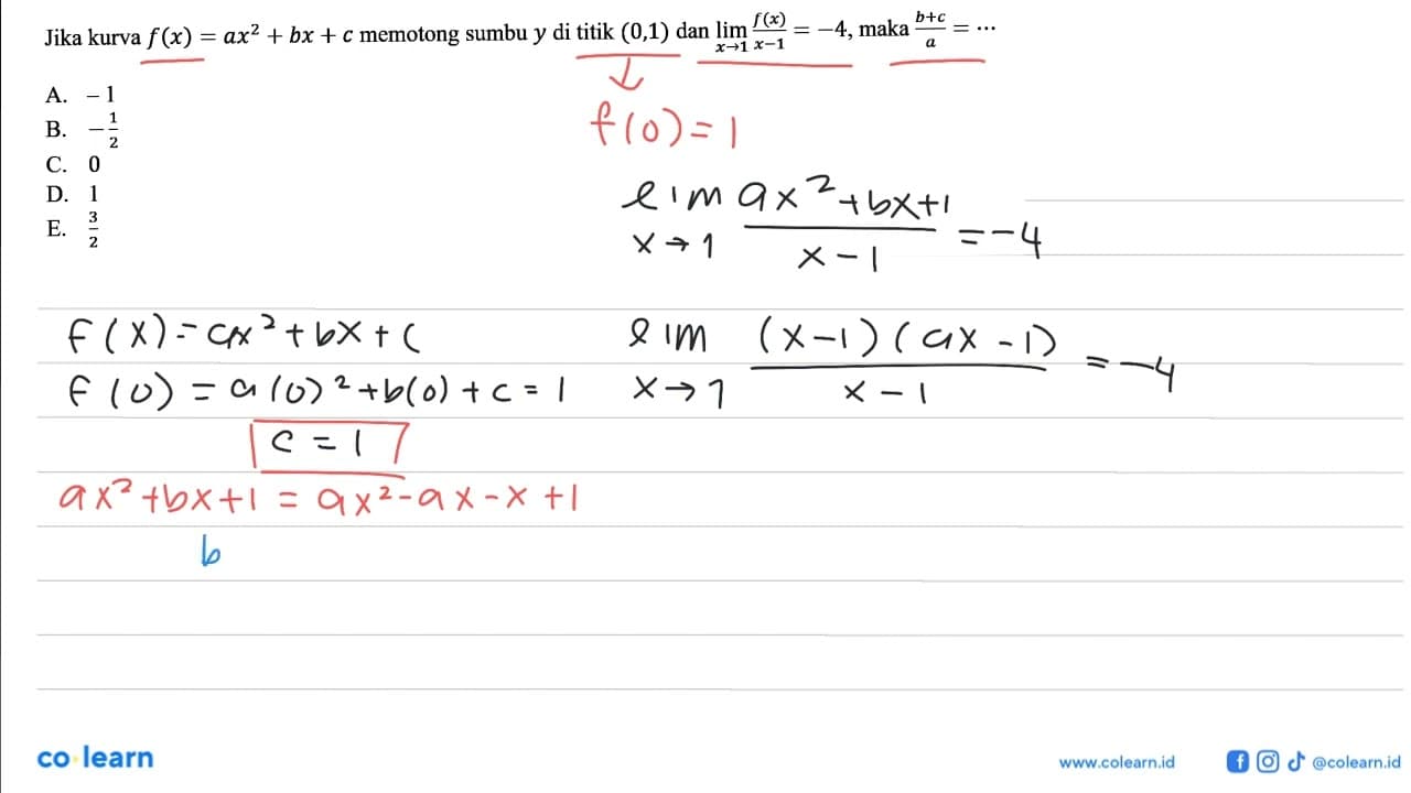 Jika kurva f(x)=ax^2+bx+c memotong sumbu y di titik (0,1)