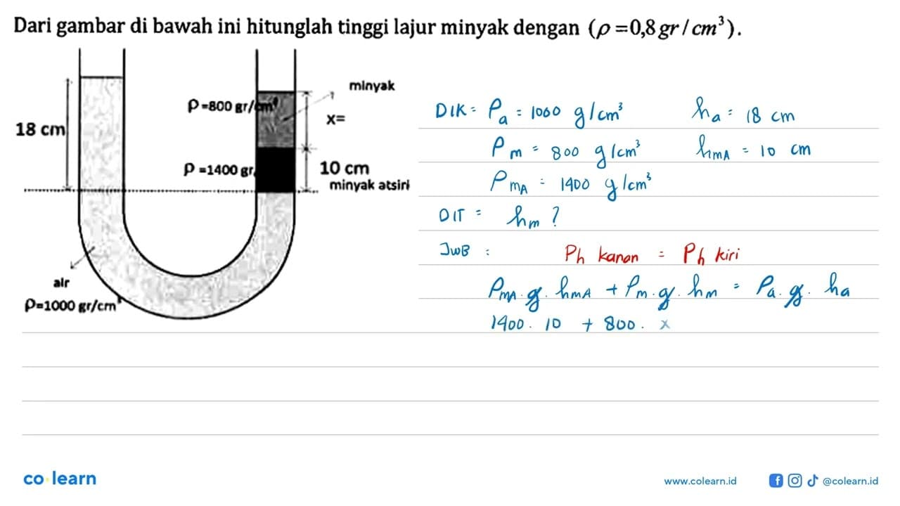 Dari gambar di bawah ini hitunglah tinggi lajur minyak