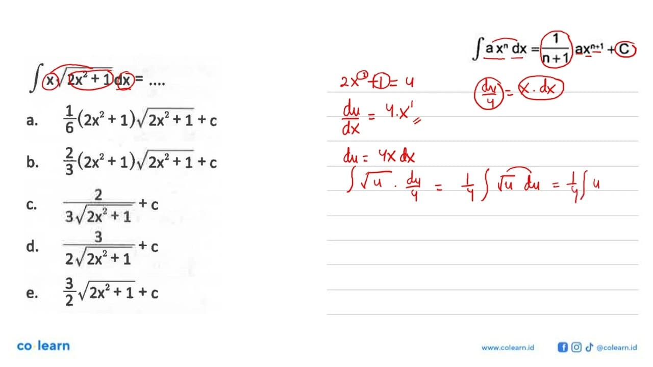 integral x akar(2x^2+1) dx=....