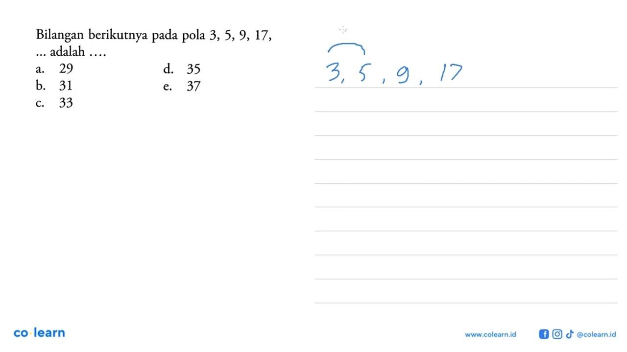 Bilangan berikutnya pada pola 3, 5, 9, 17,... adalah ... a.