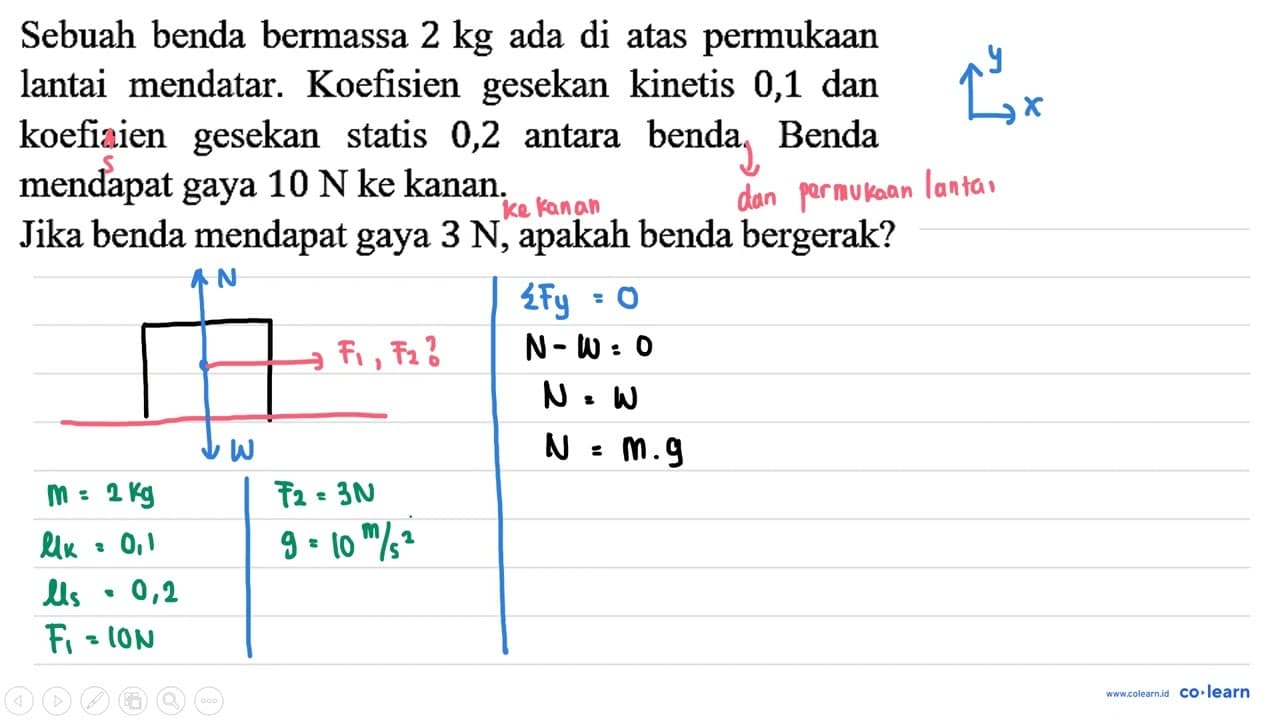 Sebuah benda bermassa 2 kg ada di atas permukaan lantai