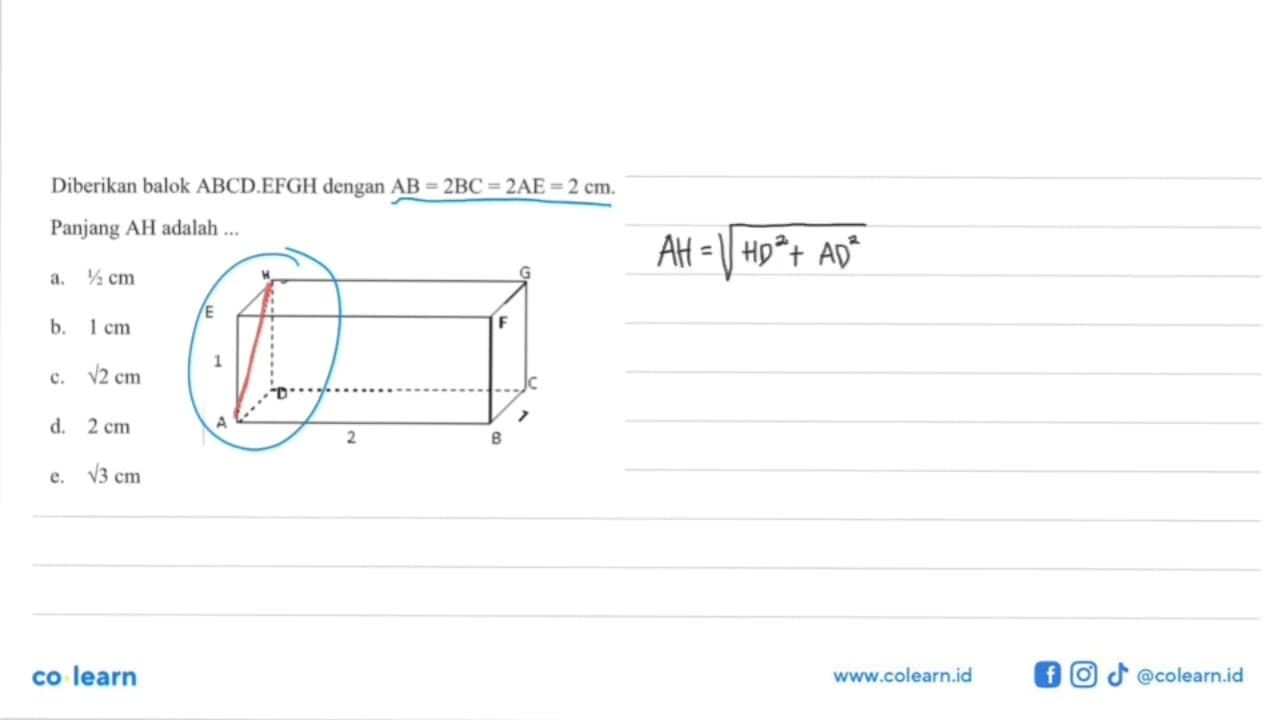 Diketahui sebuah Kubus ABCD.EFGH dengan rusuk 6 cm, maka