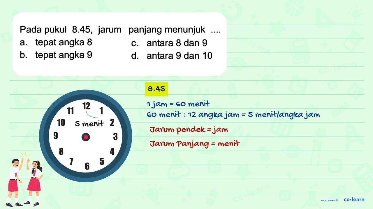 Pada pukul 8.45, jarum panjang menunjuk