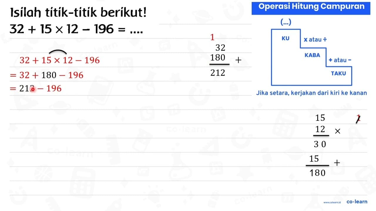 Isilah títik-titik beríkut! 32+15 x 12-196=... .